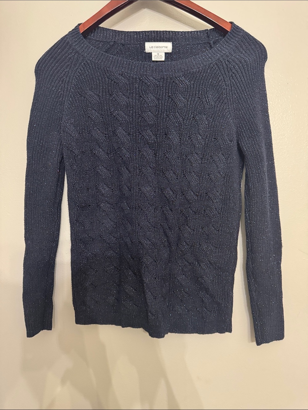 Liz Claiborne Navy Blue Cable Knit Crewneck Sweater